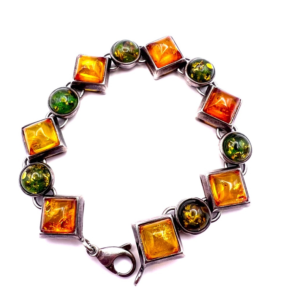 Vintage Baltic Amber & Sterling Silver Bracelet 925 Poland | Green & Honey Color